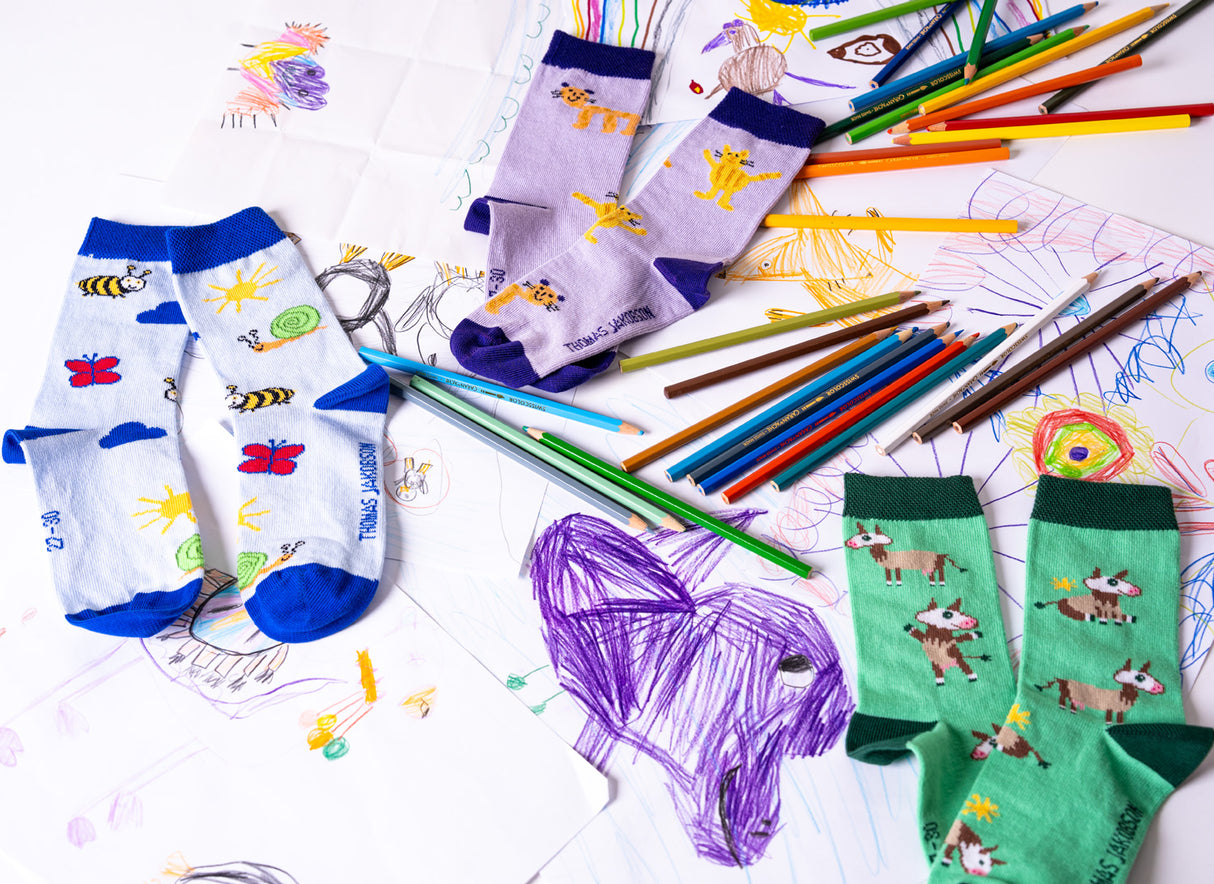 Kindersocken 3er Set – Kühe, Frühling & Raubtiere
